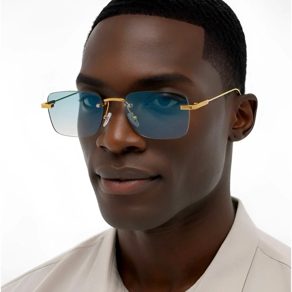 Mens Rimless Rectangular Sunglasses Gold Frame Green Gradient Lens Retro Y2K New